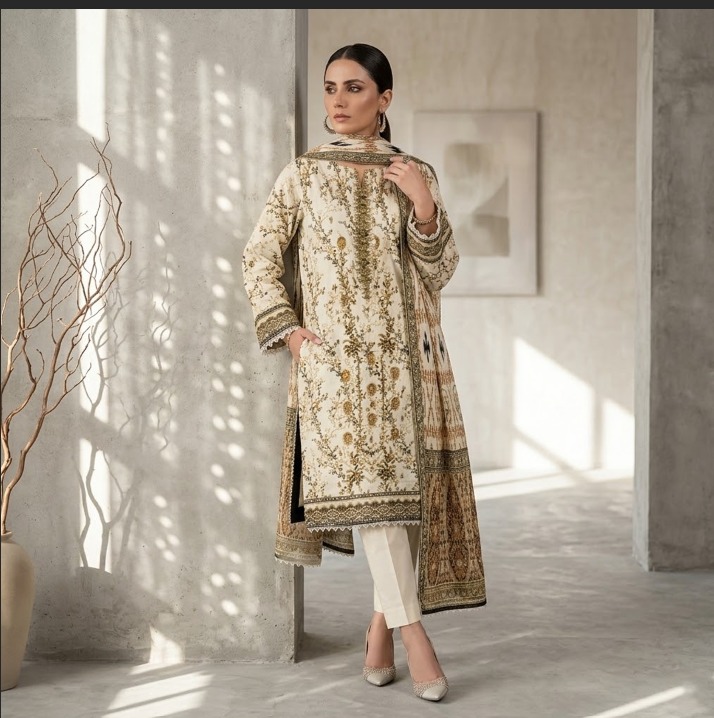 Khaadi TC-169/Y Printed Lawn Suit | Embroidered Neckline Shirt, Dupatta & Dyed Trouser