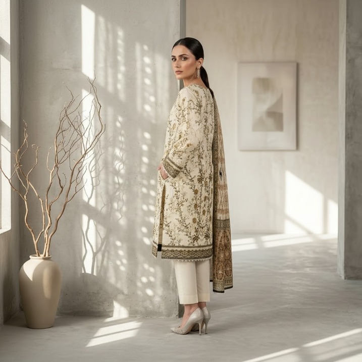 Khaadi TC-169/Y Printed Lawn Suit | Embroidered Neckline Shirt, Dupatta & Dyed Trouser