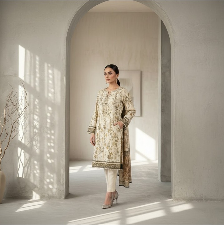 Khaadi TC-169/Y Printed Lawn Suit | Embroidered Neckline Shirt, Dupatta & Dyed Trouser - Image 3