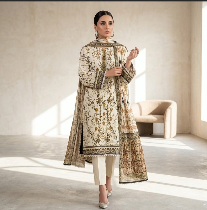 Khaadi TC-169/Y Printed Lawn Suit | Embroidered Neckline Shirt, Dupatta & Dyed Trouser - Image 4