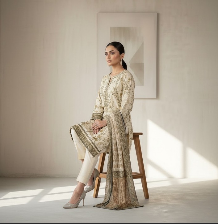 Khaadi TC-169/Y Printed Lawn Suit | Embroidered Neckline Shirt, Dupatta & Dyed Trouser - Image 5