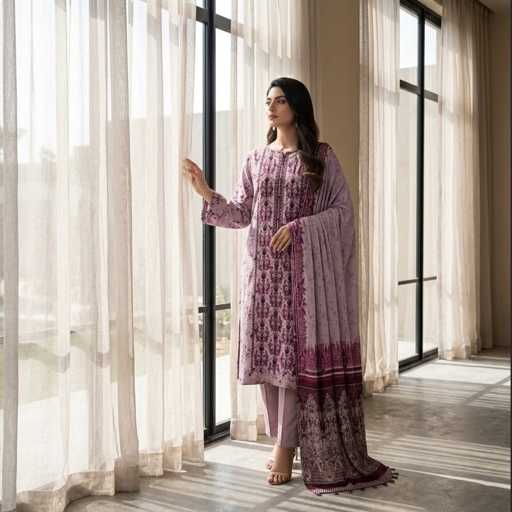 Gul Ahmed TC-183/Y Printed Lawn Suit | Embroidered Neckline Shirt, Dupatta & Dyed Trouser
