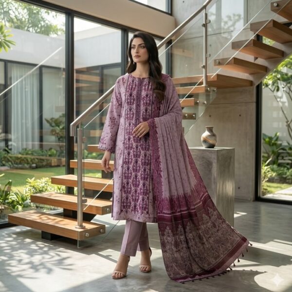 Gul Ahmed TC-183/Y Printed Lawn Suit | Embroidered Neckline Shirt, Dupatta & Dyed Trouser