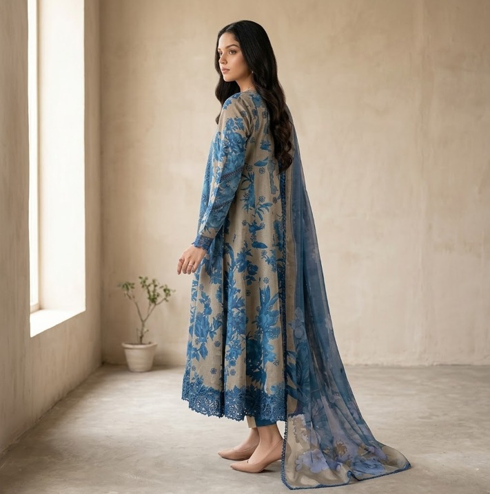 Iznik Embroidered Lawn Frock | Embroidered Organza Neckline, Printed Lawn Dupatta & Lawn Trouser