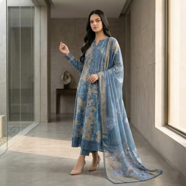 Iznik Embroidered Lawn Frock | Embroidered Organza Neckline, Printed Lawn Dupatta & Lawn Trouser