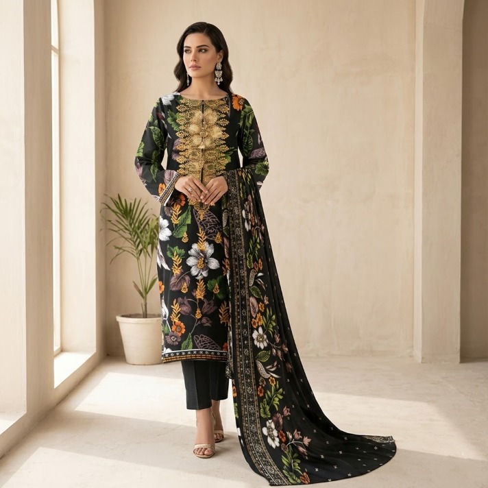 edenrobe TC-149A/R Printed Lawn Suit | Embroidered Neckline Shirt, Dupatta & Dyed Trouser