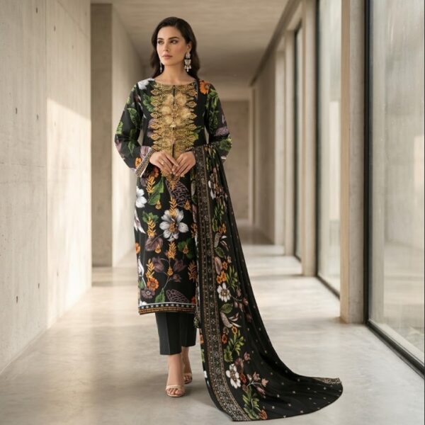 edenrobe TC-149A/R Printed Lawn Suit | Embroidered Neckline Shirt, Dupatta & Dyed Trouser