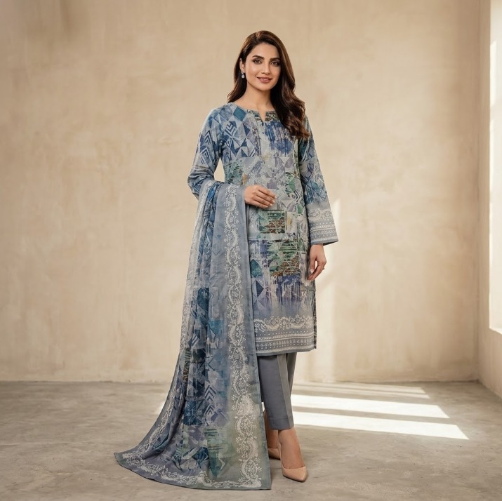 Saya U-I-25448-01 Premium Printed Lawn Doria Suit | Printed Lawn Doria Shirt, Voil Doria Dupatta & Dyed Trouser