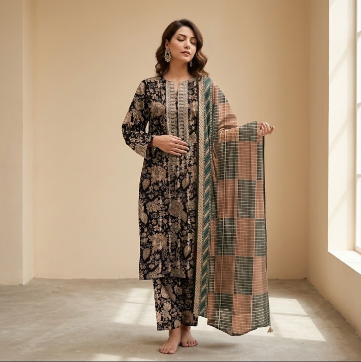 SAYA Printed Lawn Suit | Embroidered Neckline Shirt, Chiffon Dupatta & Printed Trouser