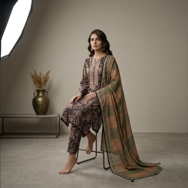 SAYA Printed Lawn Suit | Embroidered Neckline Shirt, Chiffon Dupatta & Printed Trouser