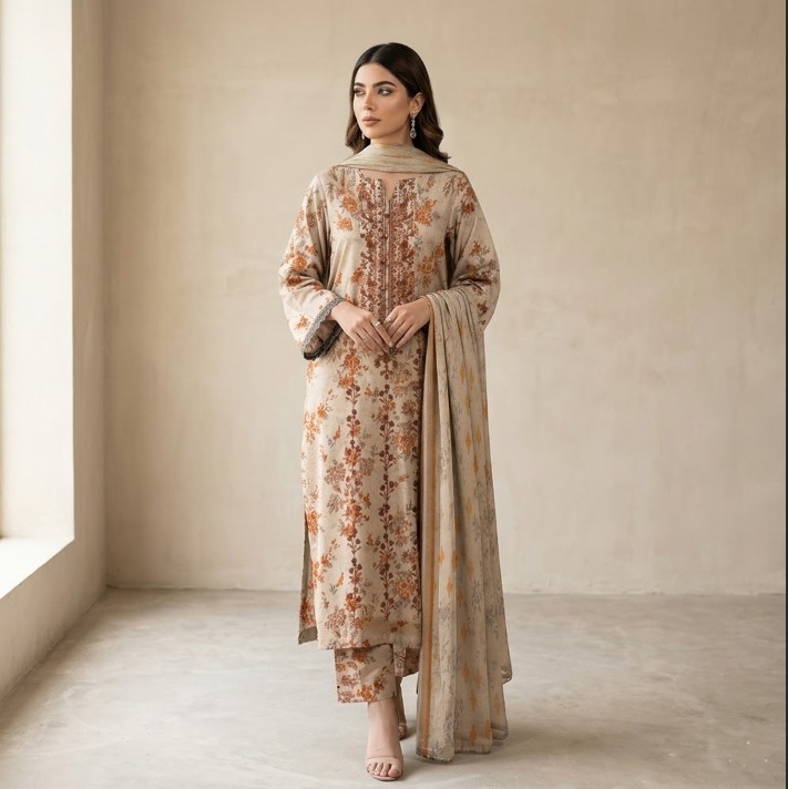 ASIM JOFA TC-142A/I Printed Lawn Suit | Embroidered Neckline Shirt, Chiffon Dupatta & Printed Trouser