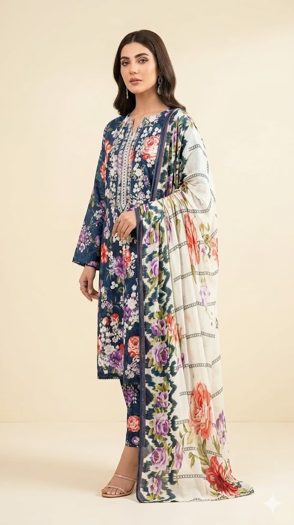 Gul Ahmad Article TC-131B/I Printed Lawn Suit | Neckline Embroidered Shirt, Printed Chiffon Dupatta & Printed Trouser