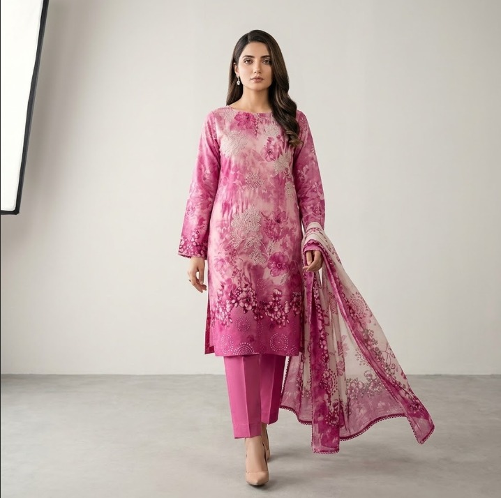 Saya U-I-25448-01 Premium Printed Lawn Doria Suit | Printed Lawn Doria Shirt, Voil Doria Dupatta & Dyed Trouser