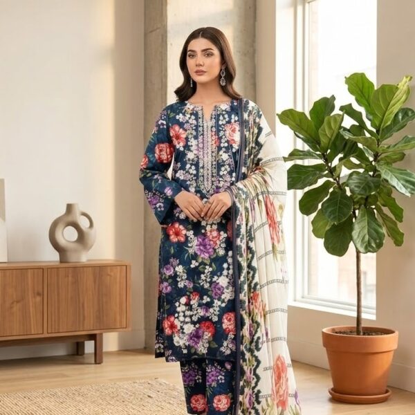 Gul Ahmad Article TC-131B/I Printed Lawn Suit | Neckline Embroidered Shirt, Printed Chiffon Dupatta & Printed Trouser