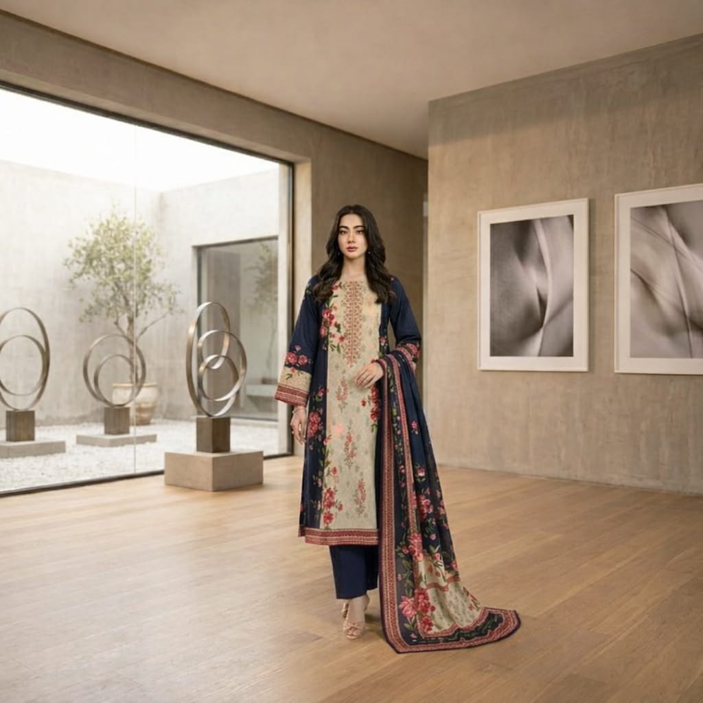 Sana Safinaz D-74A Printed Lawn Suit | Neckline Embroidered Shirt, Printed Lawn Dupatta & Dyed Trouser