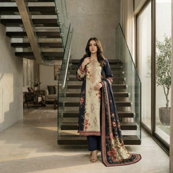 Sana Safinaz D-74A Printed Lawn Suit | Neckline Embroidered Shirt, Printed Lawn Dupatta & Dyed Trouser