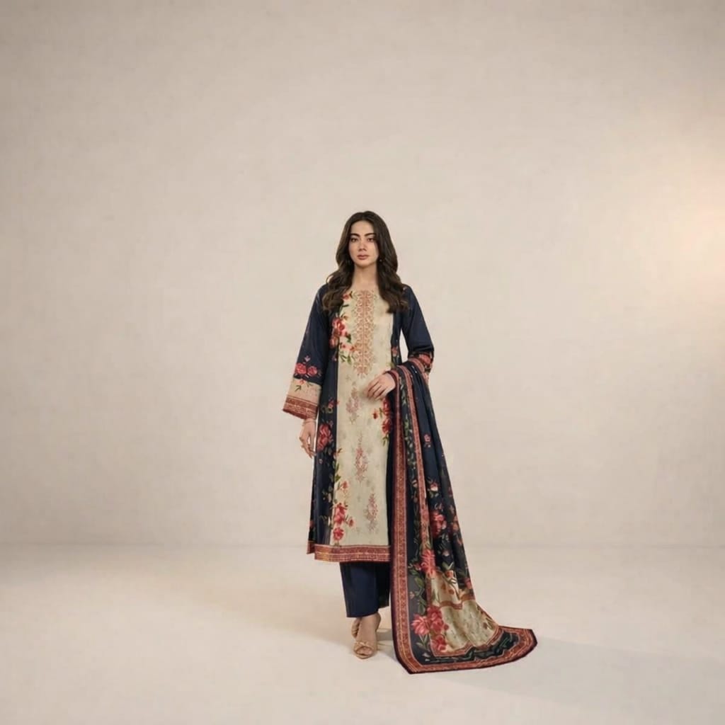 Sana Safinaz D-74A Printed Lawn Suit | Neckline Embroidered Shirt, Printed Lawn Dupatta & Dyed Trouser - Image 4