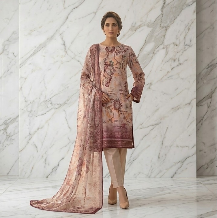 Saya U-I-25448-01 Premium Printed Lawn Doria Suit | Printed Shirt, Voil Doria Dupatta & Dyed Trouser - Image 5