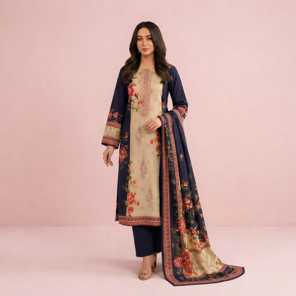 Sana Safinaz D-74A Printed Lawn Suit | Neckline Embroidered Shirt, Printed Lawn Dupatta & Dyed Trouser - Image 5