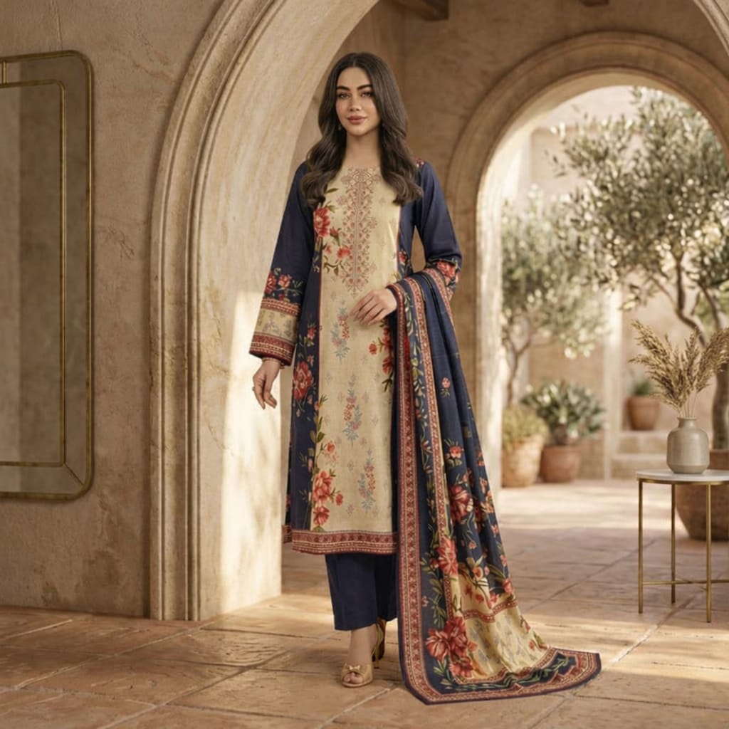 Sana Safinaz D-74A Printed Lawn Suit | Neckline Embroidered Shirt, Printed Lawn Dupatta & Dyed Trouser - Image 6