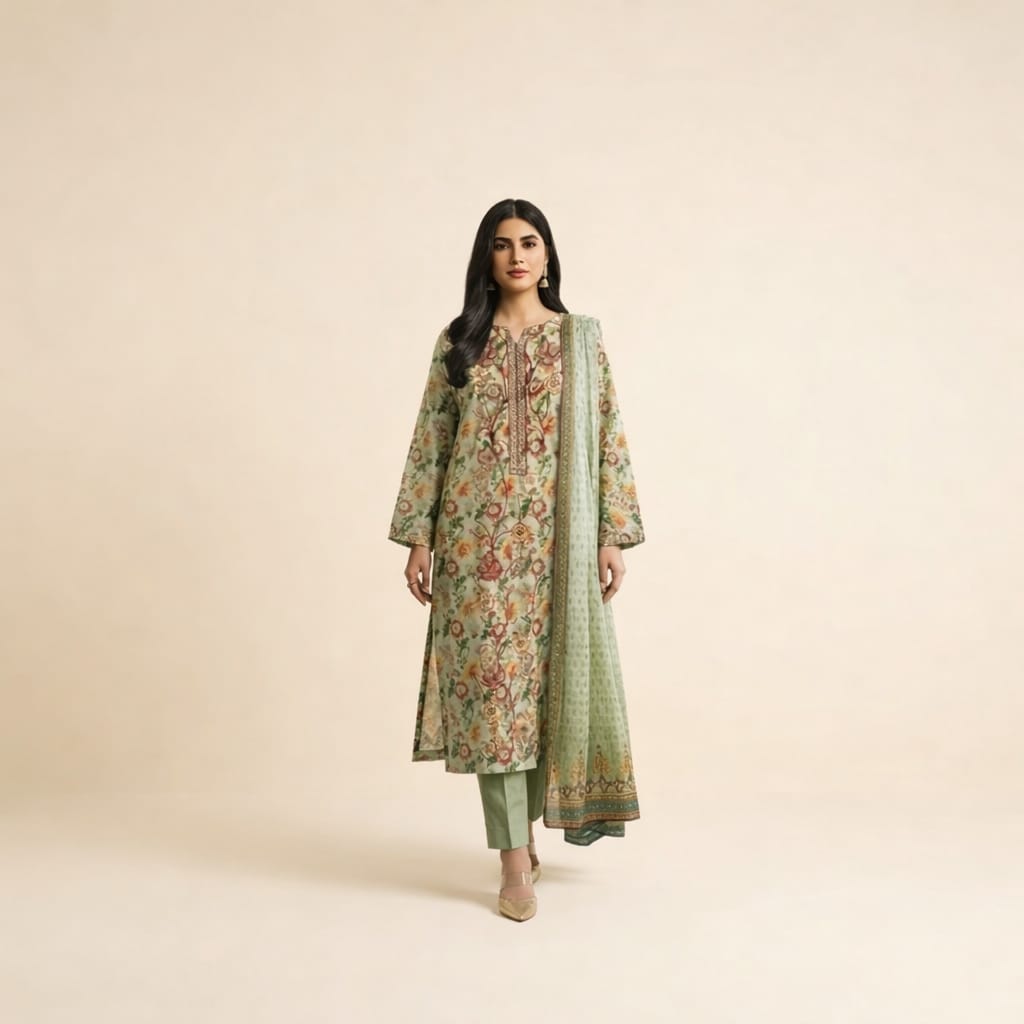 Rang Rasiya TC 188/Y Printed Lawn Suit | Neckline Embroidered Shirt, Printed Lawn Dupatta & Dyed Trouser