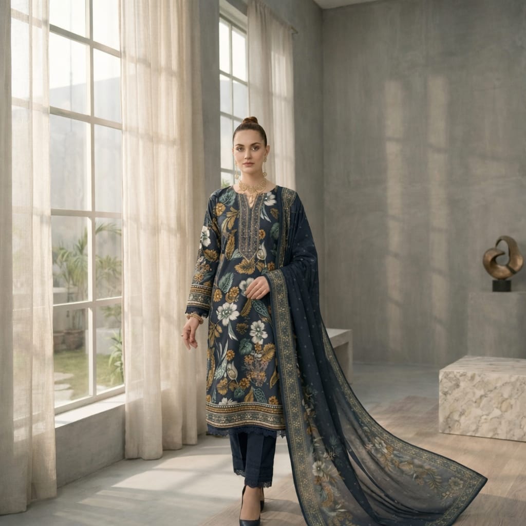 Baroque D-11 Printed Lawn Suit | Embroidered Shirt, Printed Dupatta & Dyed Trouser