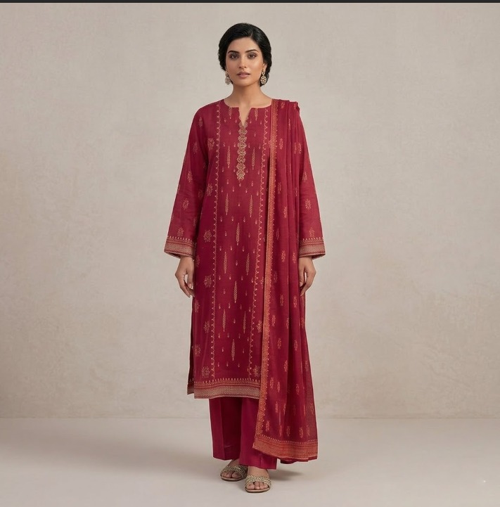 AK Studio TC-111B/J Printed Lawn Suit | Neckline Embroidered Shirt, Printed Lawn Dupatta & Dyed Trouser